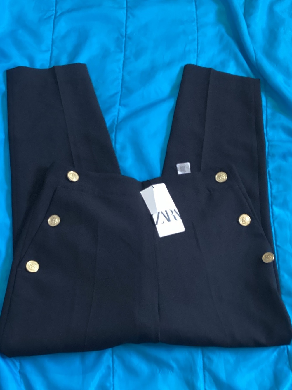ZARA Women's Navy High-Waist Sailor Trousers with Gold Buttons